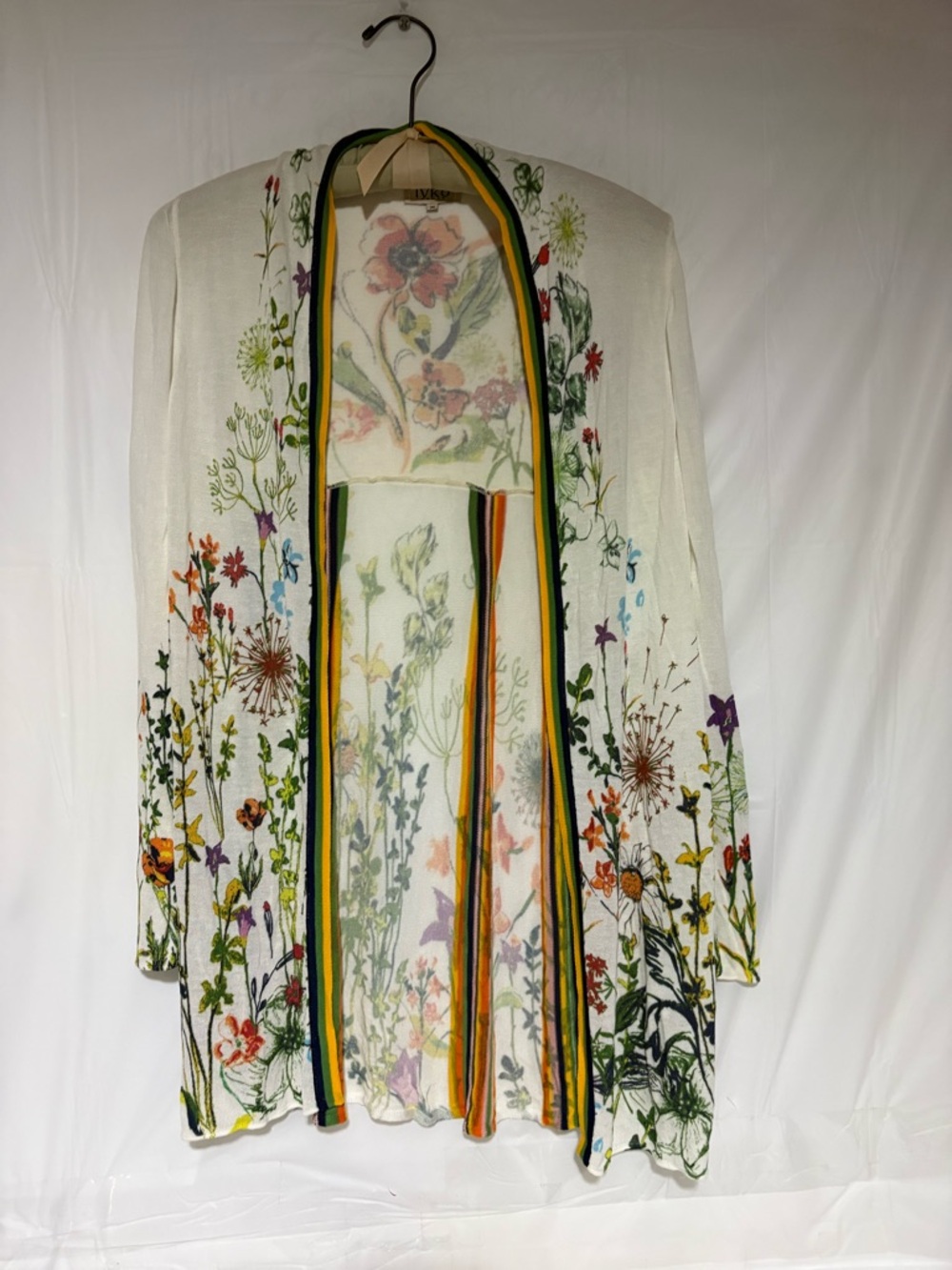 IVKO Lightweight Floral Open Cardigan in Cream with Multicolor Trim